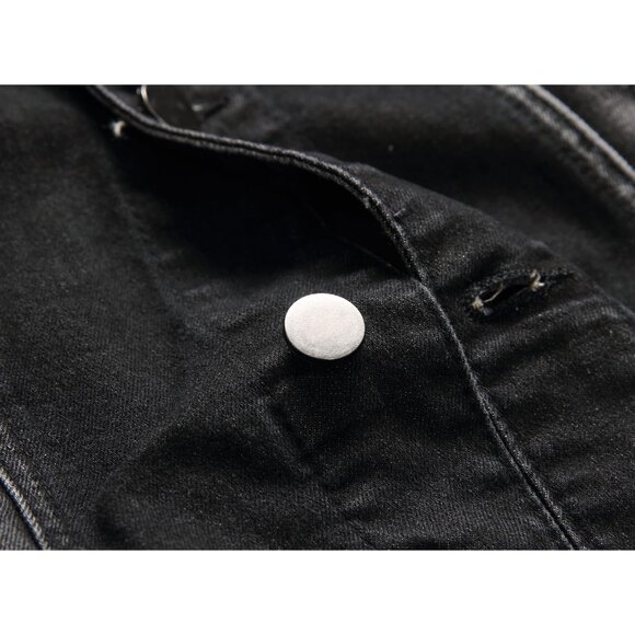 Men's Jean Jacket Distressed Slim Denim Jacket Long Sleeve Button Down Black7013 - Picture 7 of 9